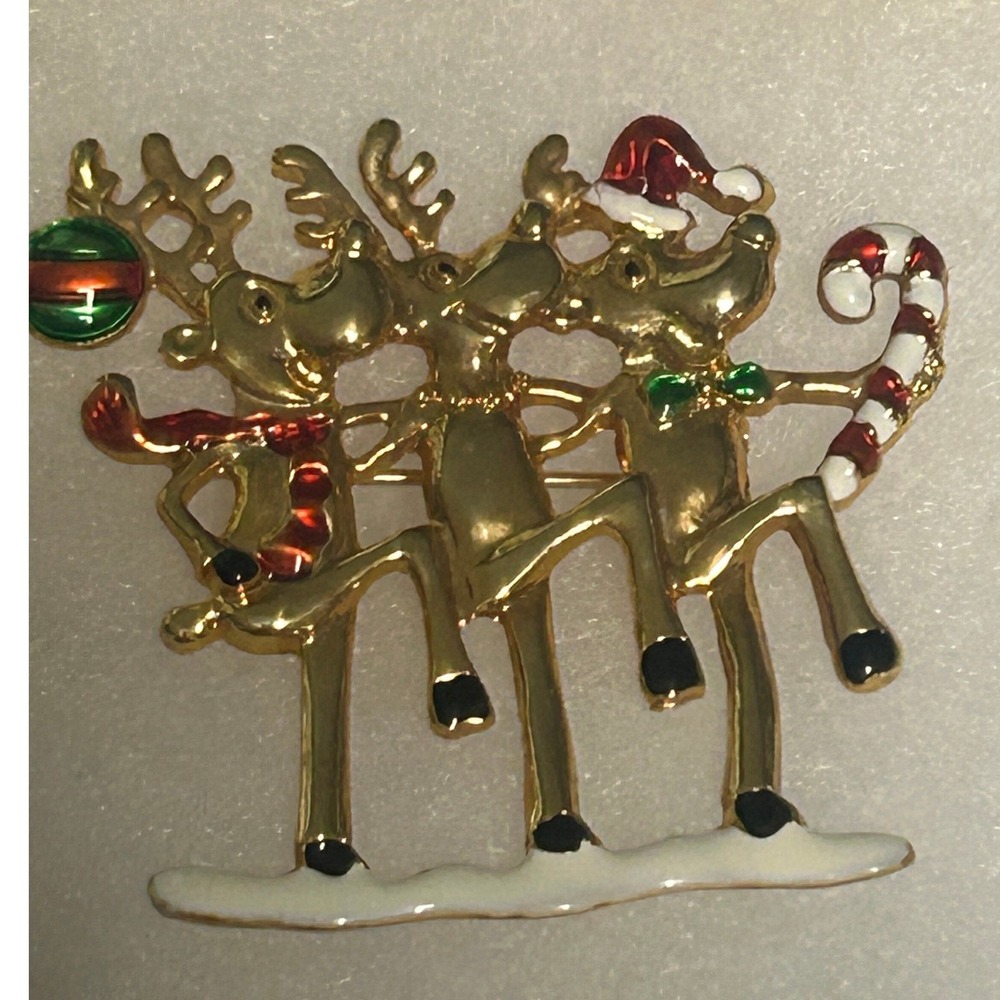 Vintage Gold Tone Enamel Dancing Reindeer Christmas Brooch  Holiday Pin#726